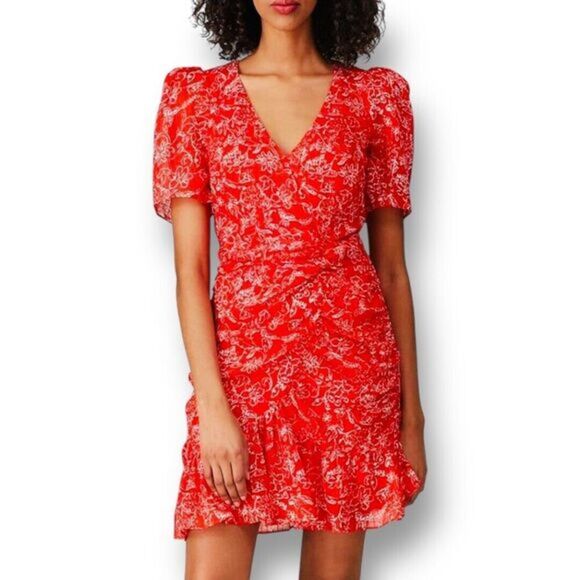 Parker 0 Red Silk Mini Dress Floral Ruched Sheath Boho Summer Wedding Guest Chic - Picture 1 of 13